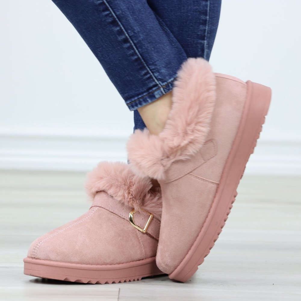 Faux Pink Suede Fuzzy Warm Ankle Booties Super Cozy Fully Lined - Picture 8 of 13